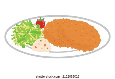 Vector illustration of croquette, potato salad, chopped cabbage and tomato on a plate. Popular western style food in Japan.