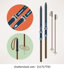 Vector Illustration: Cross Country Old Fashioned Skis With Classic Cable Or Bear Trap Bindings And Ski Poles | Touring Skiing Equipment: Skis And Poles