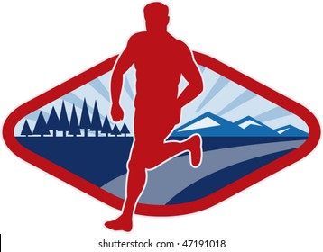 vector illustration of a Cross country runner with landscape and sunburst