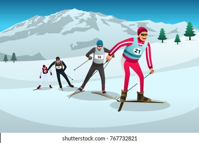 A vector illustration of Cross Country Skiing Athletes Competing in Championship