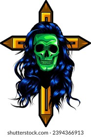 Vector illustration Of A Cross Decorated With woman Skull, Isolated On white Background.