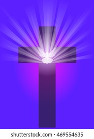 Vector illustration of a cross and a dove with radiant light rays, on a dark purple background.