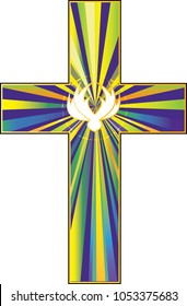 A vector illustration of a cross filled with colorful rays and a stylized dove, representing the resurrection of Jesus Christ.