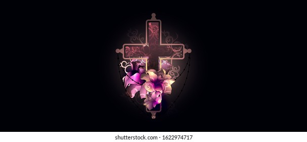 Vector illustration of a cross with flowers. The concept of the end of life, religious rite.