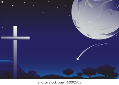 A vector illustration of a cross illuminated outside, can be used for Easter celebration