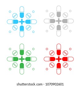 Vector illustration of a cross on medical subjects. A symbol of a pharmacy, a clinic, a hospital. Tablets, medicines, medicines. Set of color variants of the logo