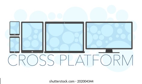 Vector Illustration Of Cross Platform Concept, Mobile Phone, Tablet Pc, Laptop And Pc 