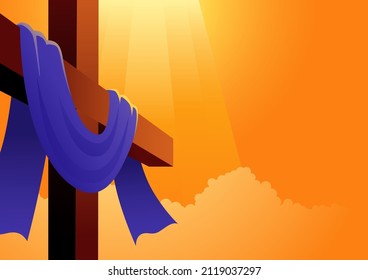 Vector Illustration Of A Cross With Purple Sash, For Good Friday, Resurrection, Easter, Christianity Theme