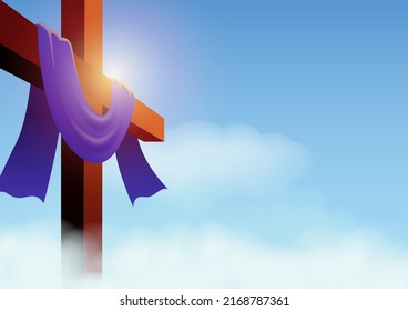 Vector illustration of a cross with purple sash on cloudscape, for good friday, resurrection, easter, christianity theme