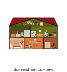 Vector illustration of cross section of the house.Collection of furniture and home accessories.  Isolated on the background.