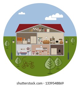 Vector illustration of cross section of the house.Collection of furniture and home accessories.  Isolated on the background.