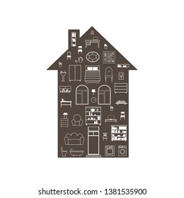 Vector illustration of cross section of the house.Collection of furniture and home accessories.  Isolated on the background.
