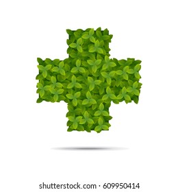 Vector illustration of a cross shape covered in leaves. Realistic green leaves. Pharmacy logo.