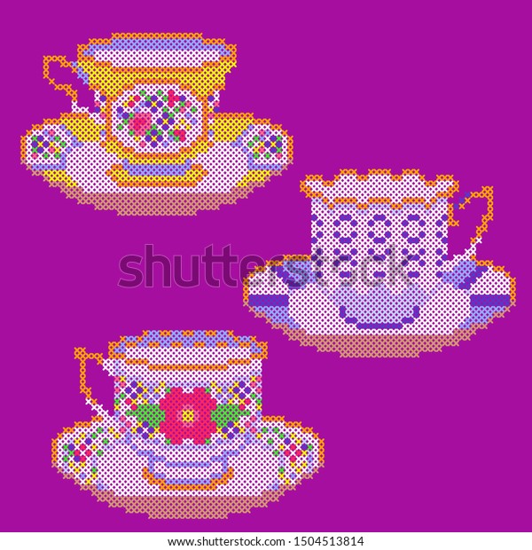 Vector Illustration Cross Stitch Cups Stock Vector Royalty Free 1504513814