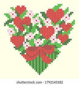 Vector Illustration Cross Stitch Floral Heart