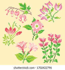 Vector Illustration Cross Stitch Flowers