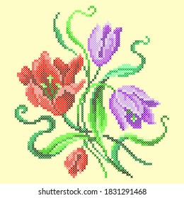 Vector Illustration Cross Stitch Flowers