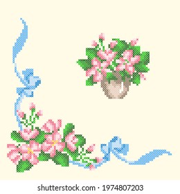 vector illustration cross stitch pink flowers