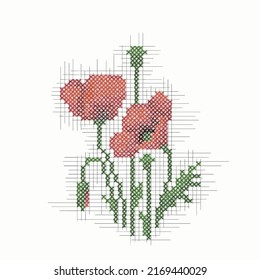 vector illustration cross stitch poppies, Ukrainian folk embroidery, flower isolated on white fabric