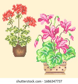 vector illustration cross stitch pot plants