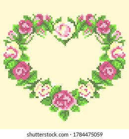 Vector Illustration Cross Stitch Roses Heart