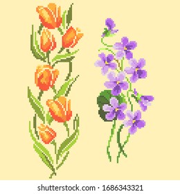 vector illustration cross stitch spring flowers