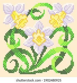 Vector Illustration Cross Stitch Spring Flowers