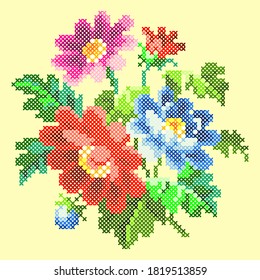 vector illustration cross stitch summer bouquet