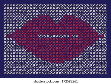 vector illustration of cross style seam with lips pattern. red and cream seam on dark blue background