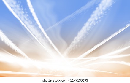 Vector illustration of crossed airplane condensation trails, jet contrails of aircraft slightly dispelling, on blue sky background