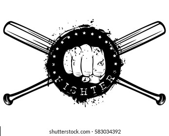 Vector illustration crossed baseball bats and fist. Inscription fighter. For tattoo or t-shirt design.