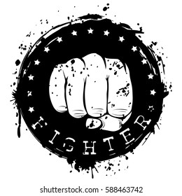 Vector illustration crossed baseball bats and fist. Inscription fighter. For tattoo or t-shirt design.