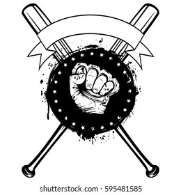Vector illustration crossed baseball bats and hand with brass knuckle on grunge background.  For tattoo or t-shirt design.