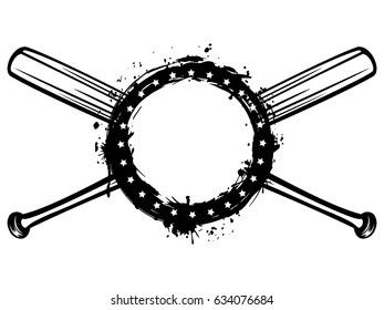 Vector illustration crossed baseball bats and grunge frame with stars. For tattoo or t-shirt design.