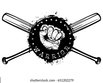Vector illustration crossed baseball bats and hand with brass knuckle on grunge background. Inscription warrior. For tattoo or t-shirt design.