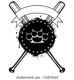 Vector illustration crossed baseball bats and hand with brass knuckle on grunge background.  For tattoo or t-shirt design.