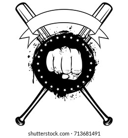 Vector illustration crossed baseball bats and fist. For tattoo or t-shirt design.
