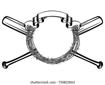 Vector illustration crossed baseball bats and frame of barbed wire. For tattoo or t-shirt design.