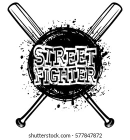 Vector illustration crossed bats and barbed wire on grunge background. Inscription street fighter. For tattoo or t-shirt design.
