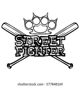 Vector illustration crossed bats and brass knuckle. Inscription street fighter. For tattoo or t-shirt design.