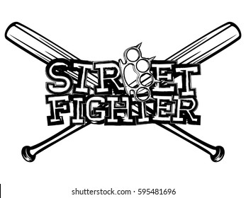 Vector illustration crossed bats and brass knuckle. Inscription street fighter. For tattoo or t-shirt design.