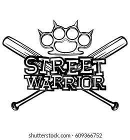 Vector illustration crossed bats and brass knuckle. Inscription street warrior. For tattoo or t-shirt design.