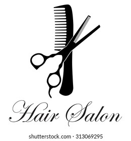 Vector illustration of crossed black silhouette of comb and scissors ideal for logo hair salon, firm or company