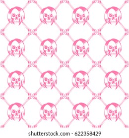 Vector illustration crossed bones and cartoon pink emo girl skull with hair. Seamless background. For t-shirt design or print on textile.