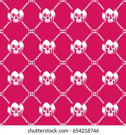 Vector illustration crossed bones and cartoon purple emo girl skull with hair. Seamless background. For t-shirt design or print on textile.