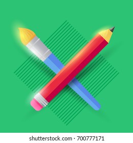 Vector illustration of crossed brush and pencil. Stylized logo or icon.