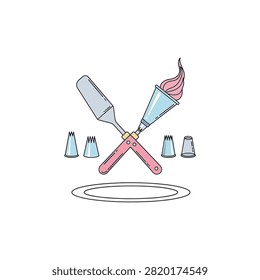Vector illustration of crossed cake decorating tools featuring a pink handled offset spatula and a piping bag filled with pink frosting surrounded by various metal piping tips.