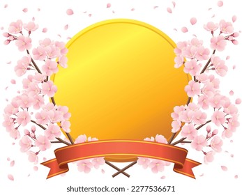 Vector illustration of Crossed cherry blossom branches and falling cherry blossoms, golden medal and red ribbon