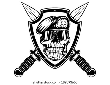 Vector illustration crossed daggers, board and skull in beret