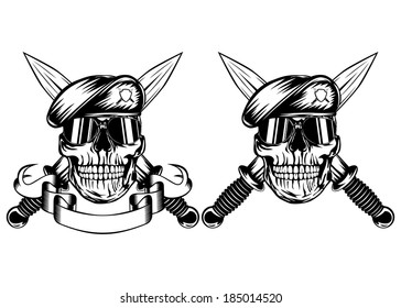 Vector illustration crossed daggers and skull in beret